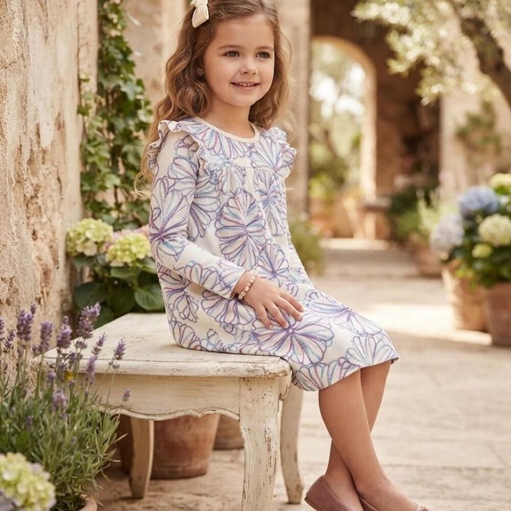 Tea Collection Girls Long Sleeve Ruffle Shoulder Dress Size 7 Blue Crayon Floral